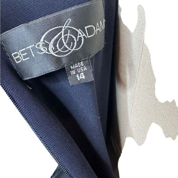 Betsy and Adam Navy Blue Satin Knit Belted Cocktail Dress | Size 14 - Picture 6 of 8